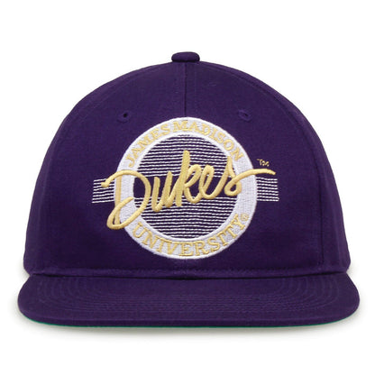 James Madison Dukes Retro Circle Snapback - Purple, front view