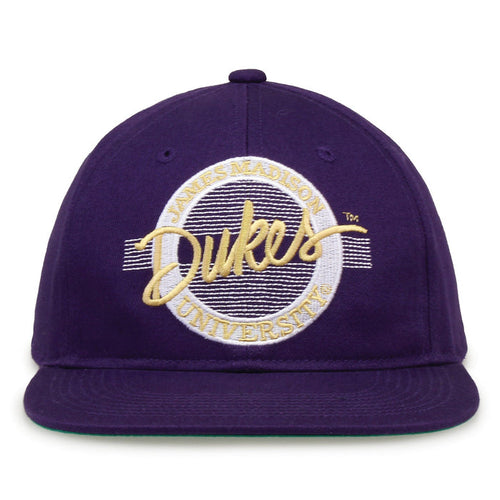 James Madison Dukes Retro Circle Snapback - Purple, front view
