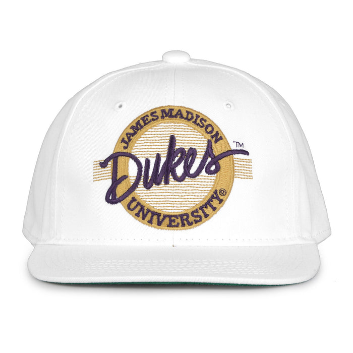 James Madison Dukes Retro Circle Snapback - White, front view