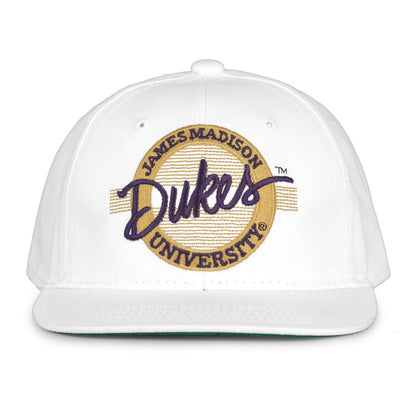 James Madison Dukes Retro Circle Snapback - White, front view