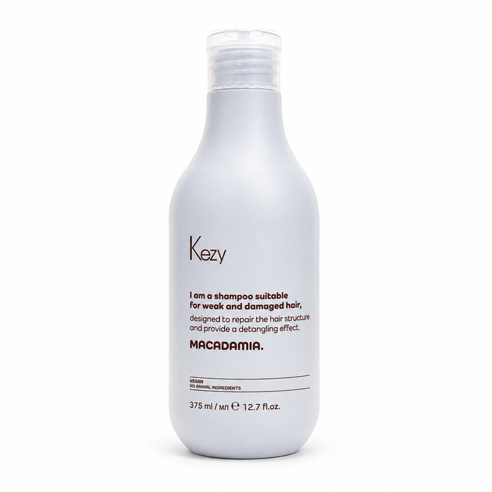 Kezy Macadamia Shampoo 375ml for weak and damaged hair, professional vegan repairing shampoo with macadamia to strengthen, detangle and restore healthy hair.