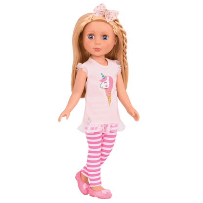 14-inch posable doll with blonde hair and purple eyes