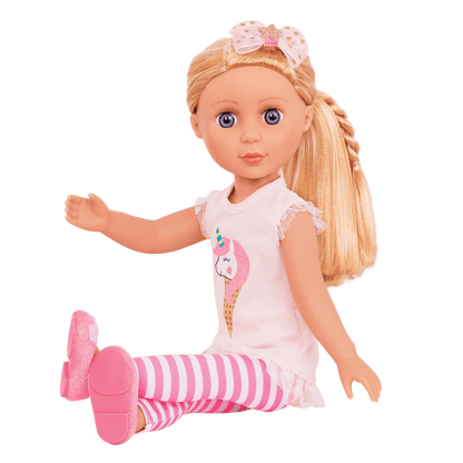 14-inch posable doll with blonde hair and purple eyes