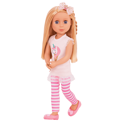 14-inch posable doll with blonde hair and purple eyes