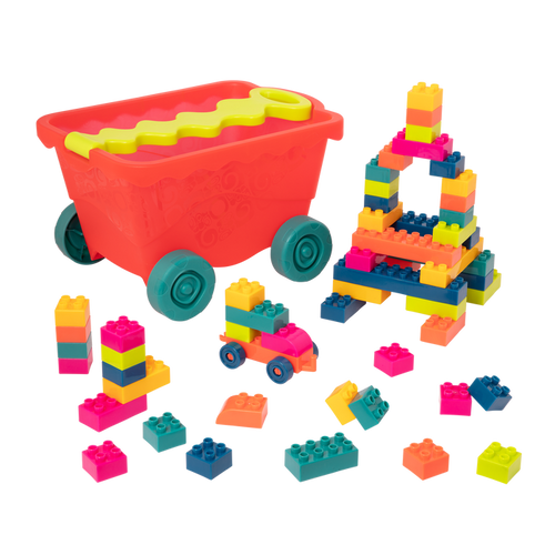 Colorful building blocks and a wagon.