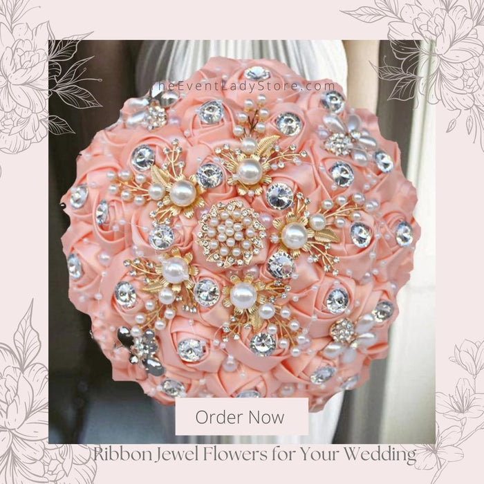 Luxurious Ribbon Rhinestone and Pearl Bridal Bouquet for Bride on her Wedding Party