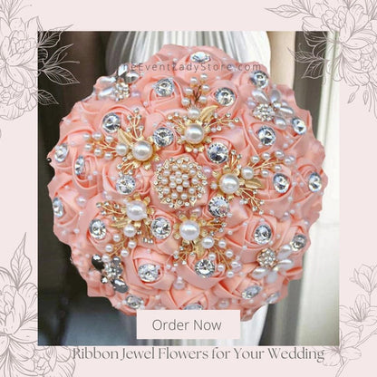 Luxurious Ribbon Rhinestone and Pearl Bridal Bouquet for Bride on her Wedding Party