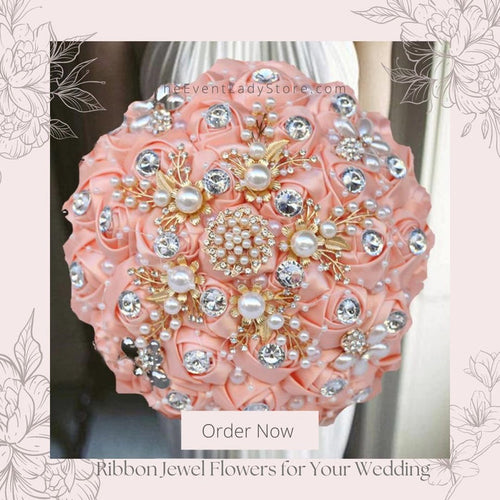 Luxurious Ribbon Rhinestone and Pearl Bridal Bouquet for Bride on her Wedding Party