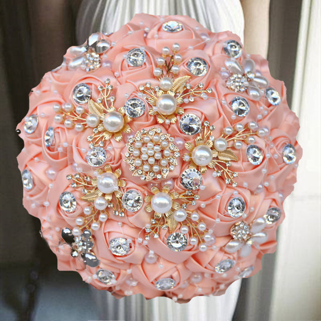 Luxurious Ribbon Rhinestone and Pearl Bridal Bouquet for Bride on her Wedding Party