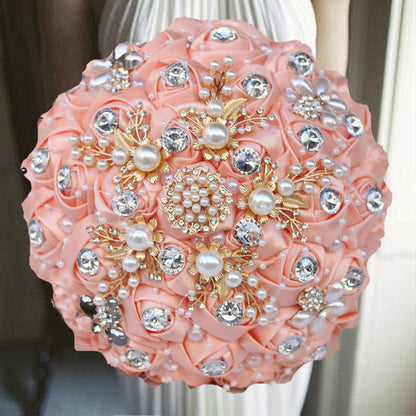 Luxurious Ribbon Rhinestone and Pearl Bridal Bouquet for Bride on her Wedding Party
