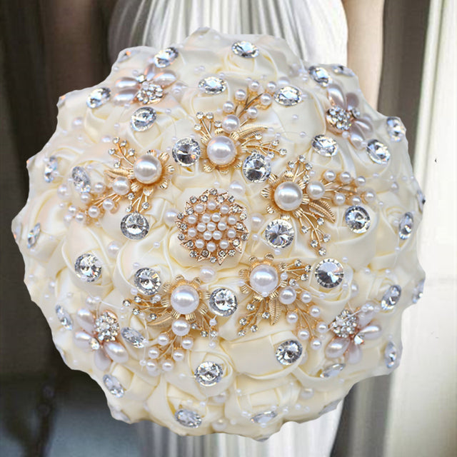 Luxurious Ribbon Rhinestone and Pearl Bridal Bouquet for Bride on her Wedding Party