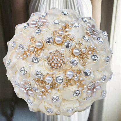 Luxurious Ribbon Rhinestone and Pearl Bridal Bouquet for Bride on her Wedding Party