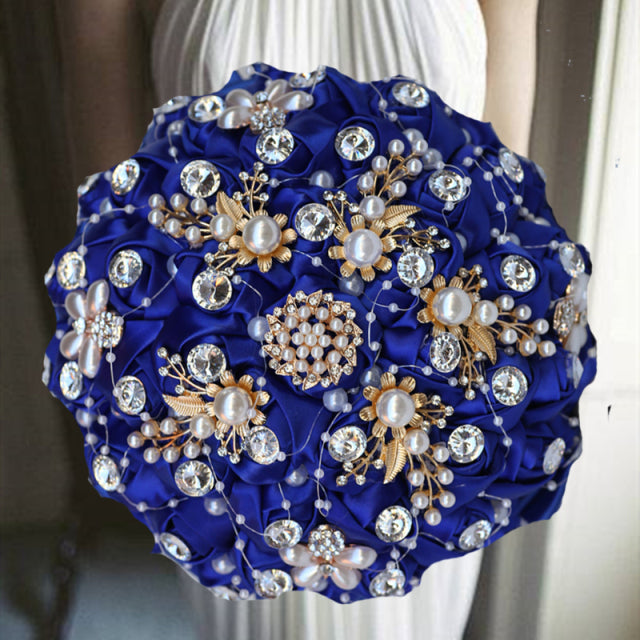 Luxurious Ribbon Rhinestone and Pearl Bridal Bouquet for Bride on her Wedding Party