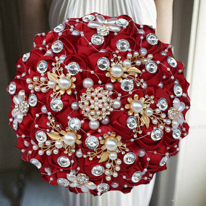 Luxurious Ribbon Rhinestone and Pearl Bridal Bouquet for Bride on her Wedding Party