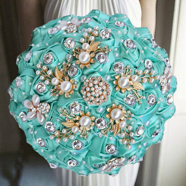 Luxurious Ribbon Rhinestone and Pearl Bridal Bouquet for Bride on her Wedding Party