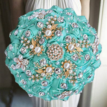 Luxurious Ribbon Rhinestone and Pearl Bridal Bouquet for Bride on her Wedding Party