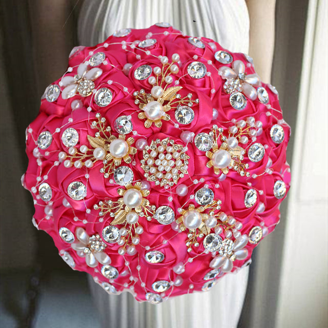 Luxurious Ribbon Rhinestone and Pearl Bridal Bouquet for Bride on her Wedding Party
