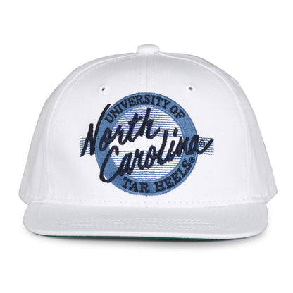 North Carolina Retro Circle snapback hat in white, front view