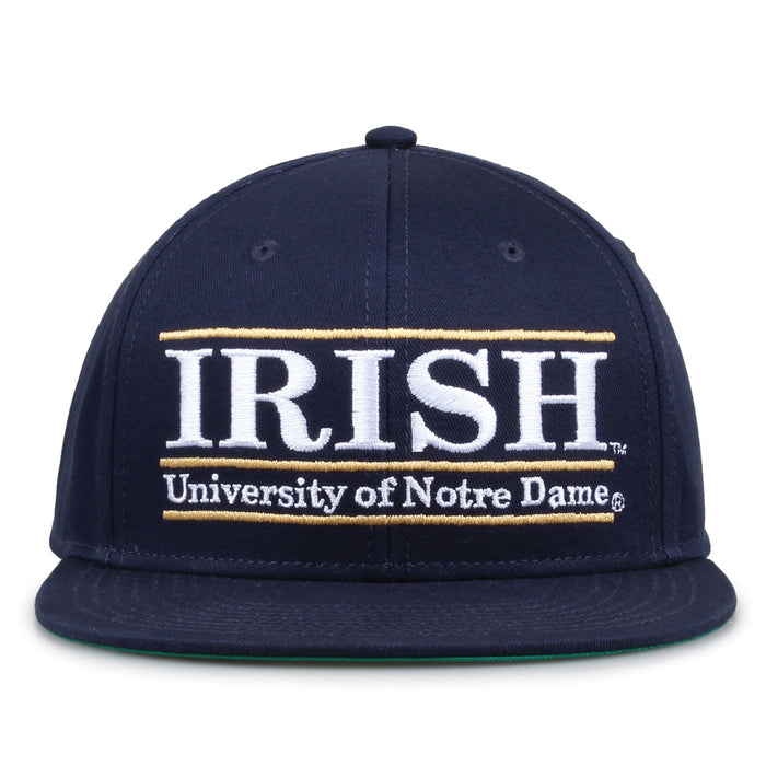 Notre Dame Retro Bar snapback hat in navy, front view