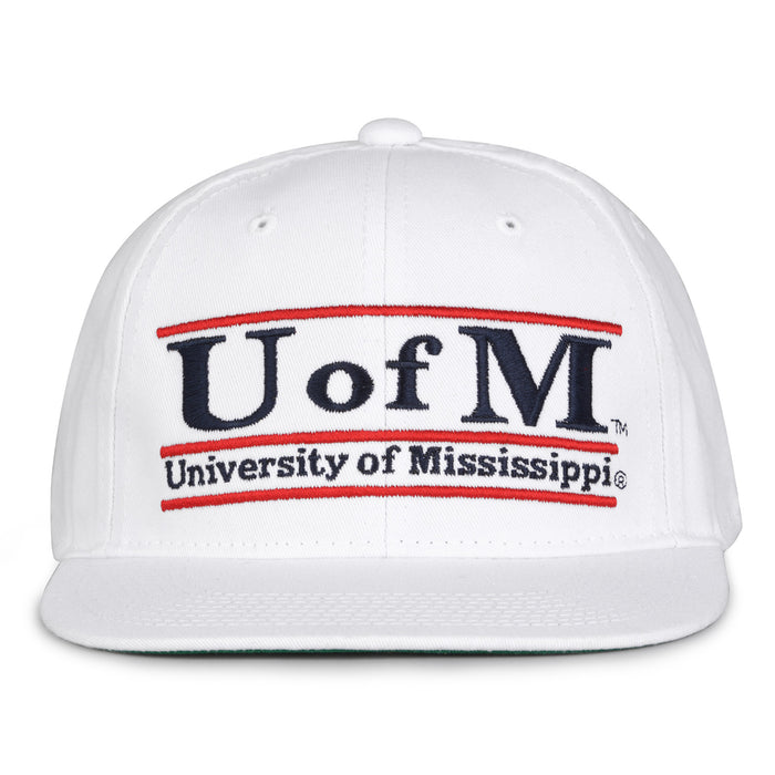 Ole Miss Retro Bar snapback hat in white, front view