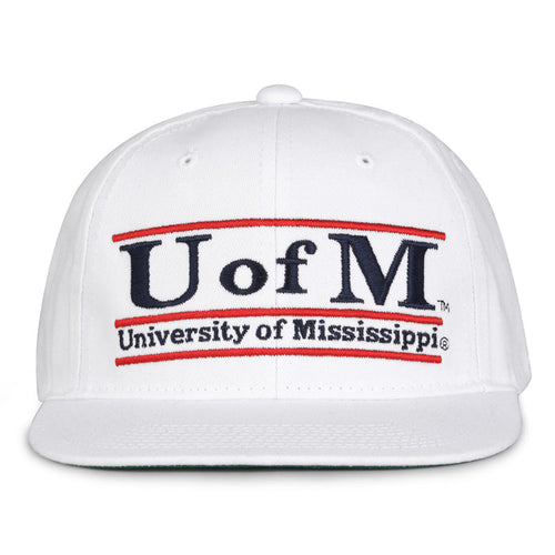 Ole Miss Retro Bar snapback hat in white, front view