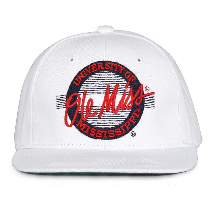 Ole Miss Retro Circle snapback hat in white, front view