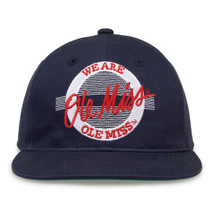 Ole Miss Retro Circle snapback hat in navy, front view