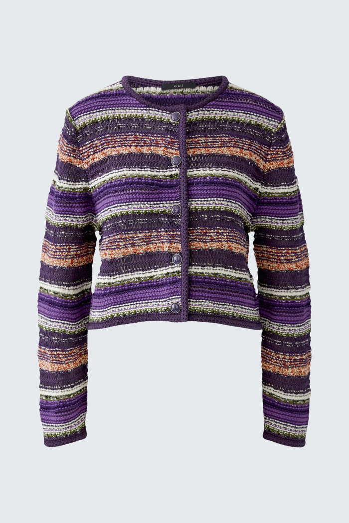A cropped knit cardigan sweater with horizontal stripes in purple, black, orange, and white, featuring a button-up front and long sleeves, shown against a light gray background.