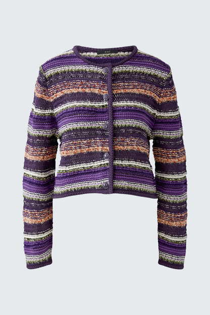 A cropped knit cardigan sweater with horizontal stripes in purple, black, orange, and white, featuring a button-up front and long sleeves, shown against a light gray background.