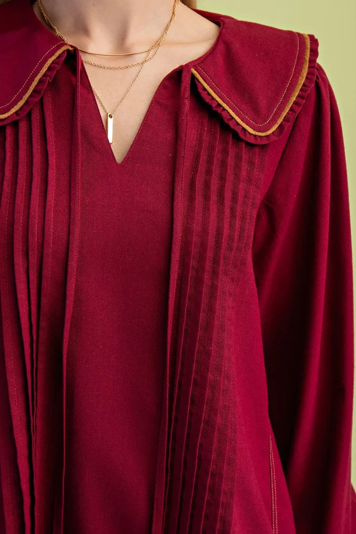 Pleated Linen Long Sleeve Top with Ruffle and Piping Details