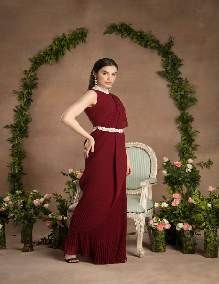 Pre-Draped Rose Red Saree