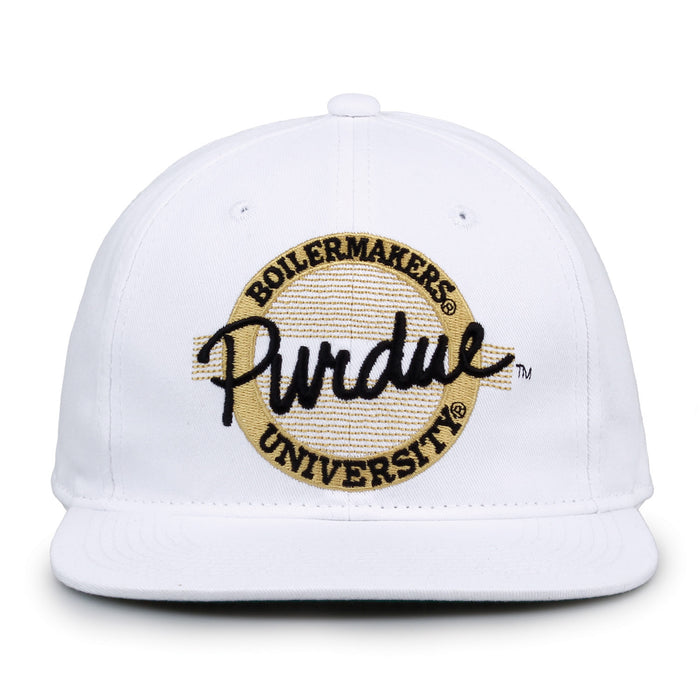 Purdue Retro Circle snapback hat in white, front view