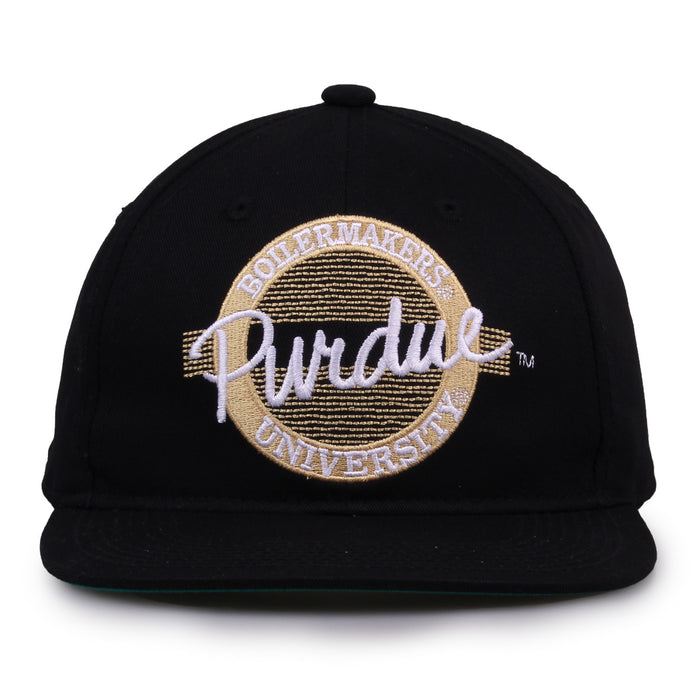 Purdue Retro Circle snapback hat in black, front view