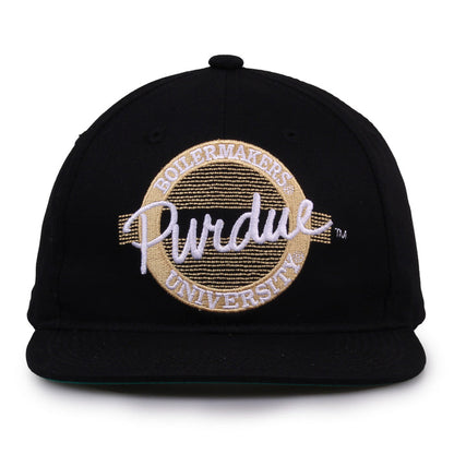 Purdue Retro Circle snapback hat in black, front view