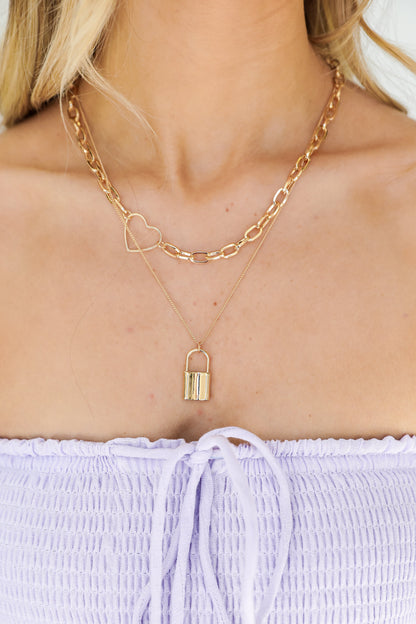 Alice Gold Heart + Lock Layered Necklace