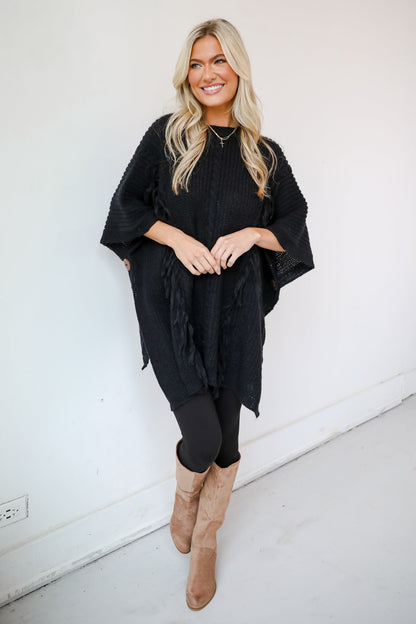 Chic Warmth Black Knit Poncho - DOORBUSTER