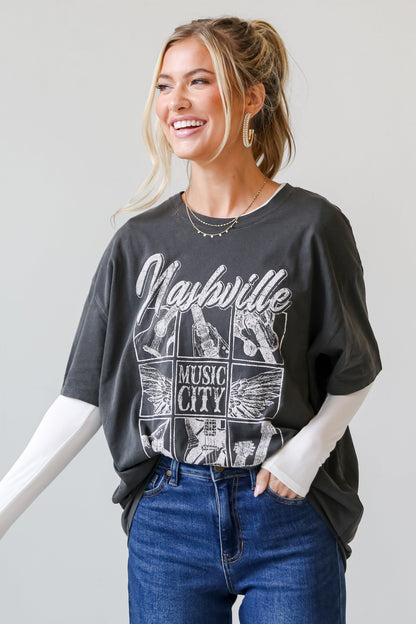 Charcoal Nashville Tennessee Music City Oversized Graphic Tee