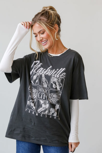 Charcoal Nashville Tennessee Music City Oversized Graphic Tee