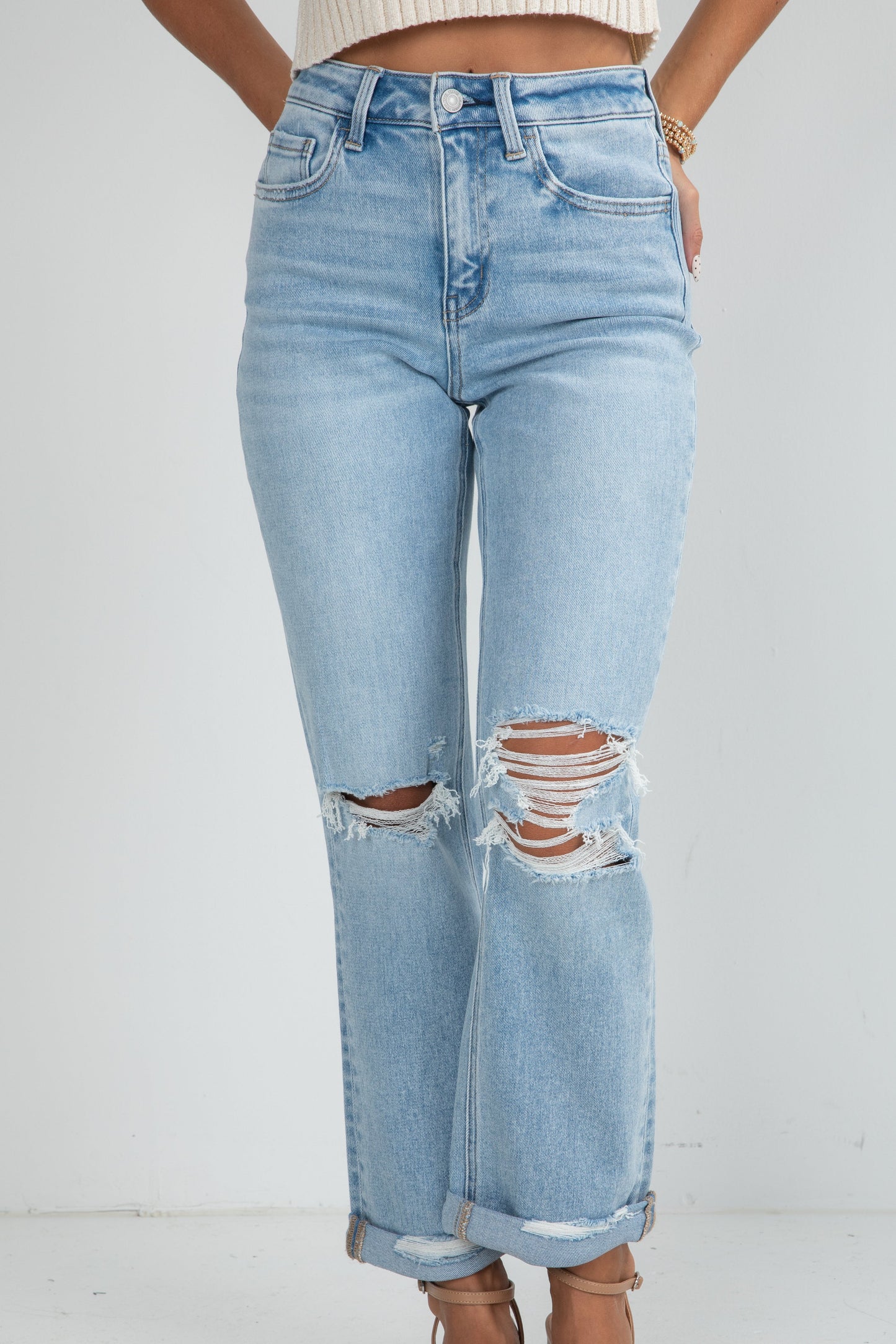 Alex Light Wash High-Rise Distressed Straight Leg Jeans