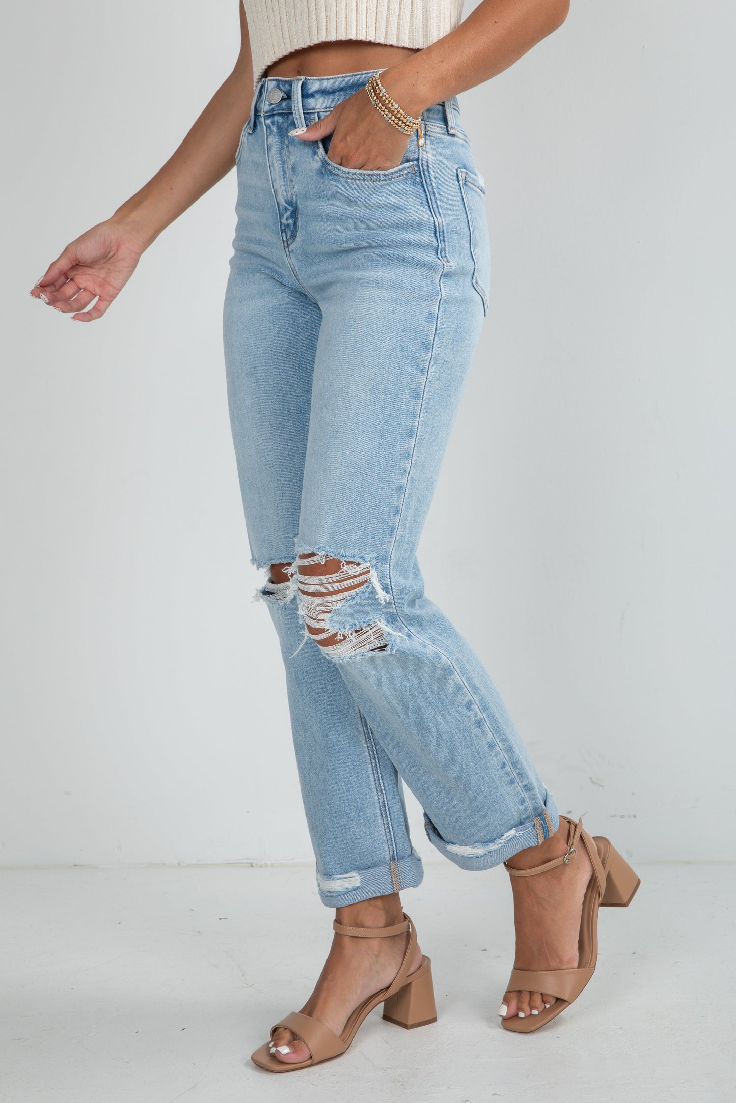 Alex Light Wash High-Rise Distressed Straight Leg Jeans