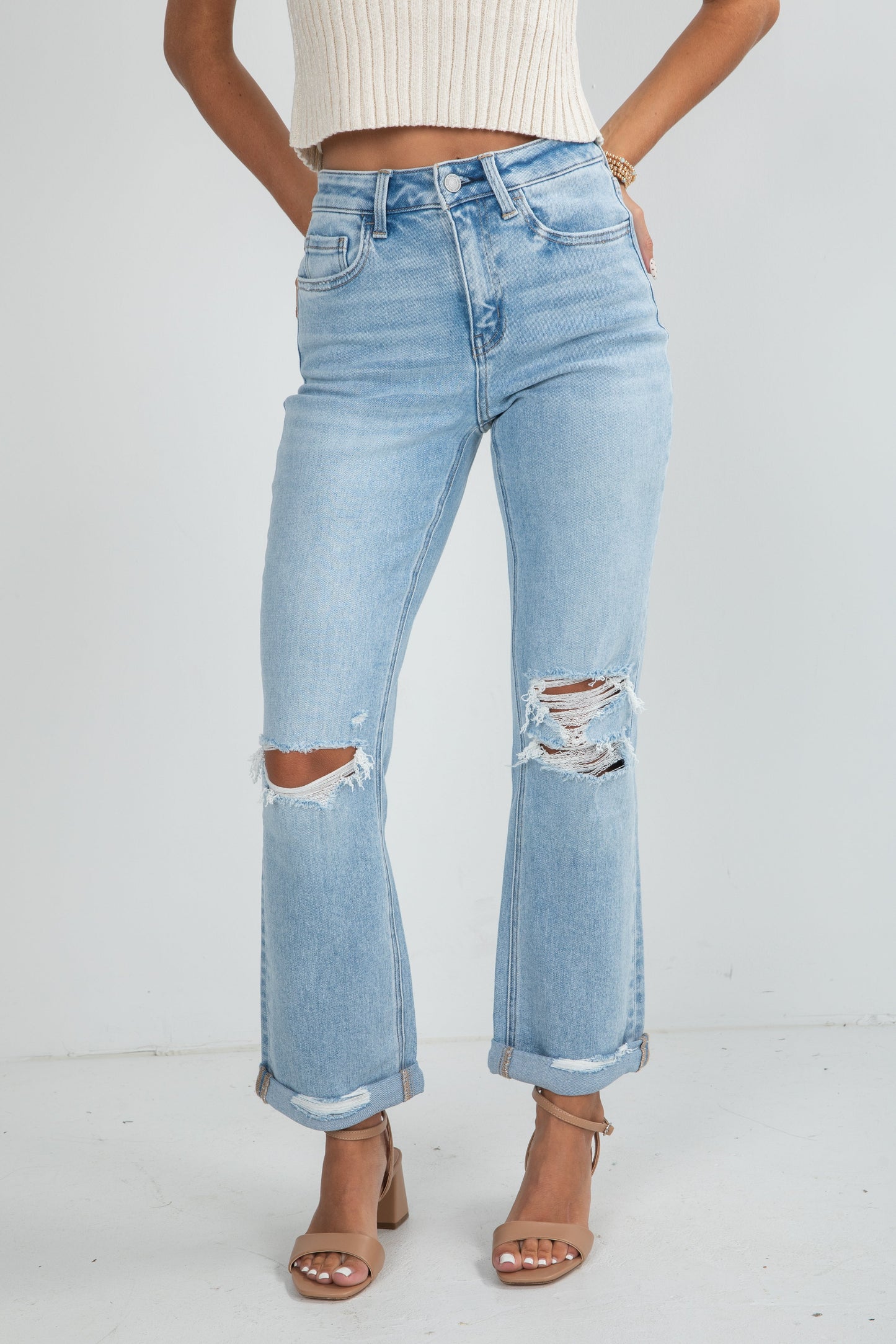 Alex Light Wash High-Rise Distressed Straight Leg Jeans