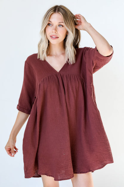 Autumn Mornings Linen Babydoll Mini Dress