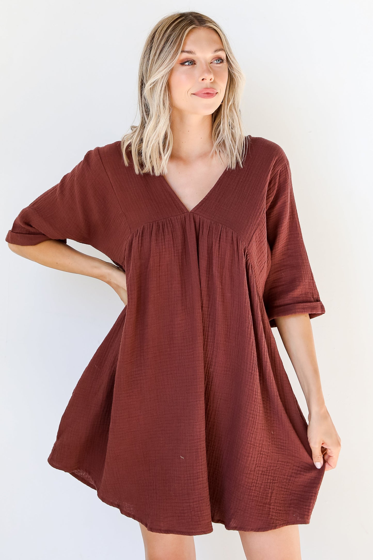 Autumn Mornings Linen Babydoll Mini Dress
