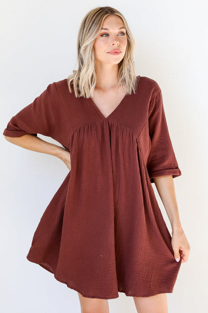 Autumn Mornings Linen Babydoll Mini Dress