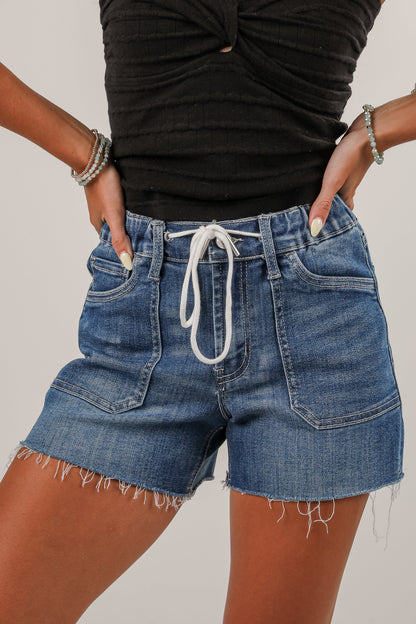 Aubrey Medium Wash High-Rise Drawstring Denim Shorts
