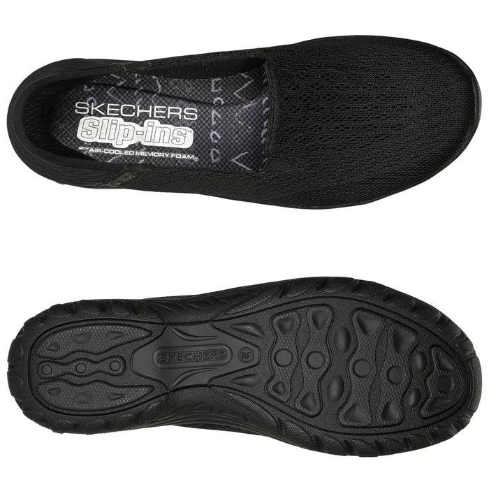 A black slip-on shoe is positioned flat with its upper and sole visible showing a textured fabric design and a rubberized tread detailing ideal for casual wear or light activities. The insole features the brand name Skechers and mentions air-cooled memory foam.