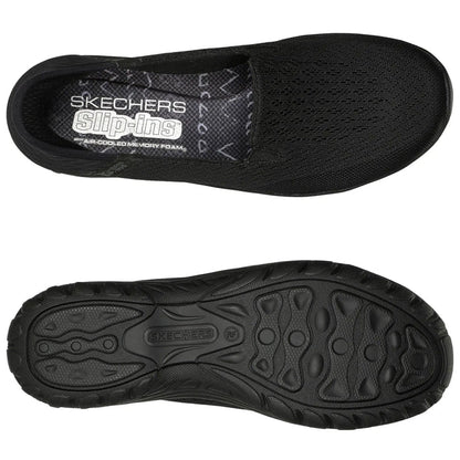 A black slip-on shoe is positioned flat with its upper and sole visible showing a textured fabric design and a rubberized tread detailing ideal for casual wear or light activities. The insole features the brand name Skechers and mentions air-cooled memory foam.