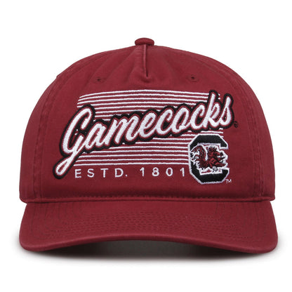 South Carolina Gamecocks Original Heritage Script Snapback in cardinal, front view showing embroidered school script