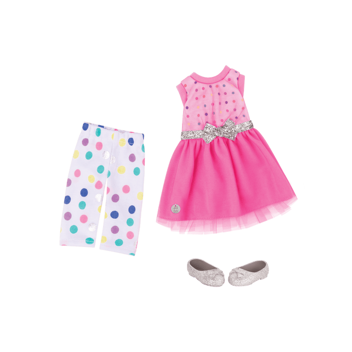 Pink dress with glitter shoes for 14-inch doll