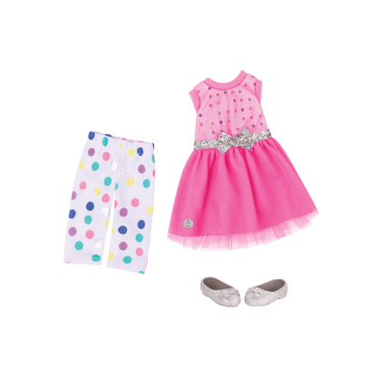Pink dress with glitter shoes for 14-inch doll